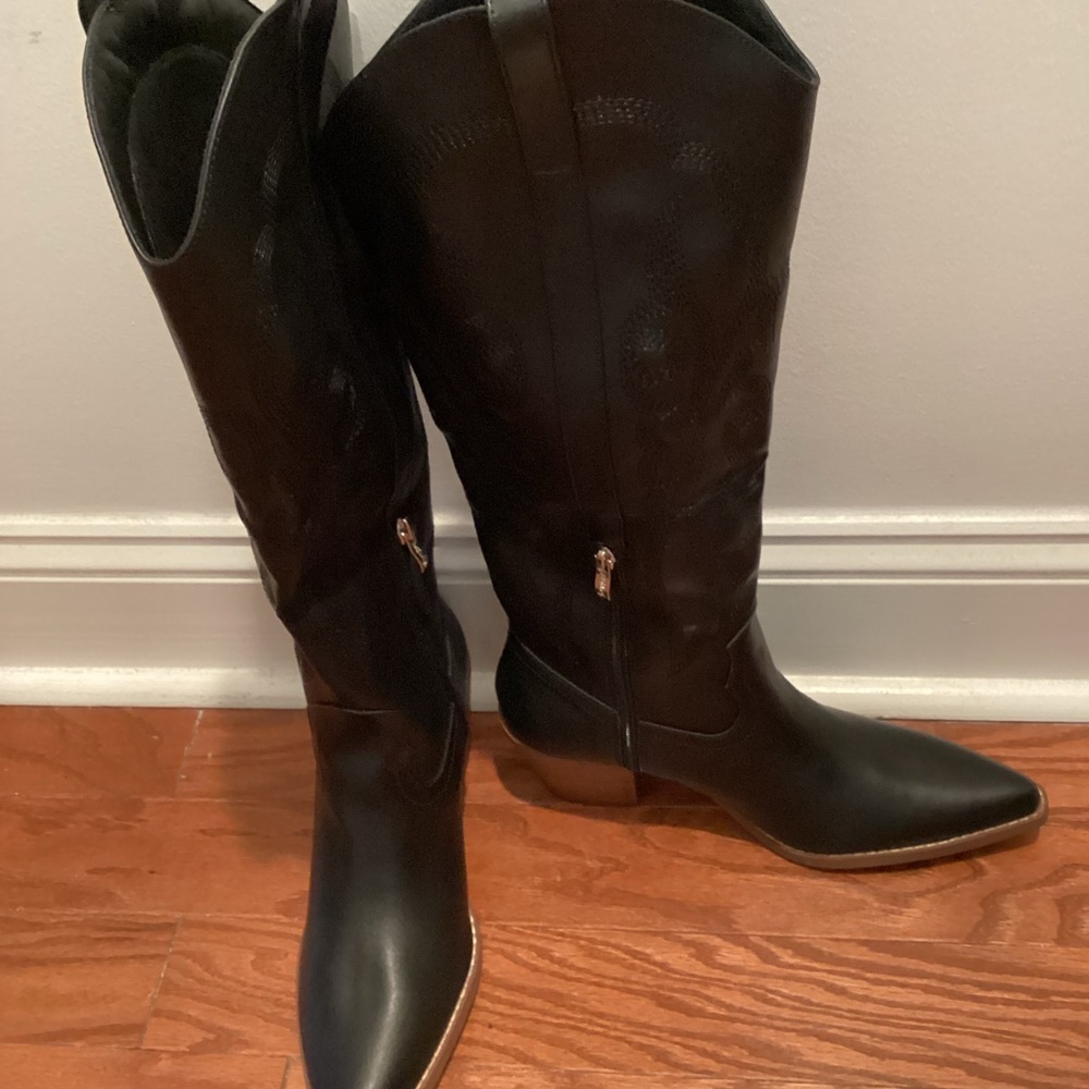Black Mid-Calf Western-Style Leather ~2inch Heeled Boot